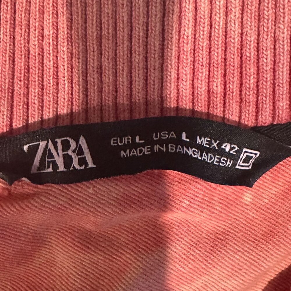Zara Washed Coral Bomber Jacket L 100% Cotton Ribbed Hem & Cuffs Zip Closure - Picture 4 of 9